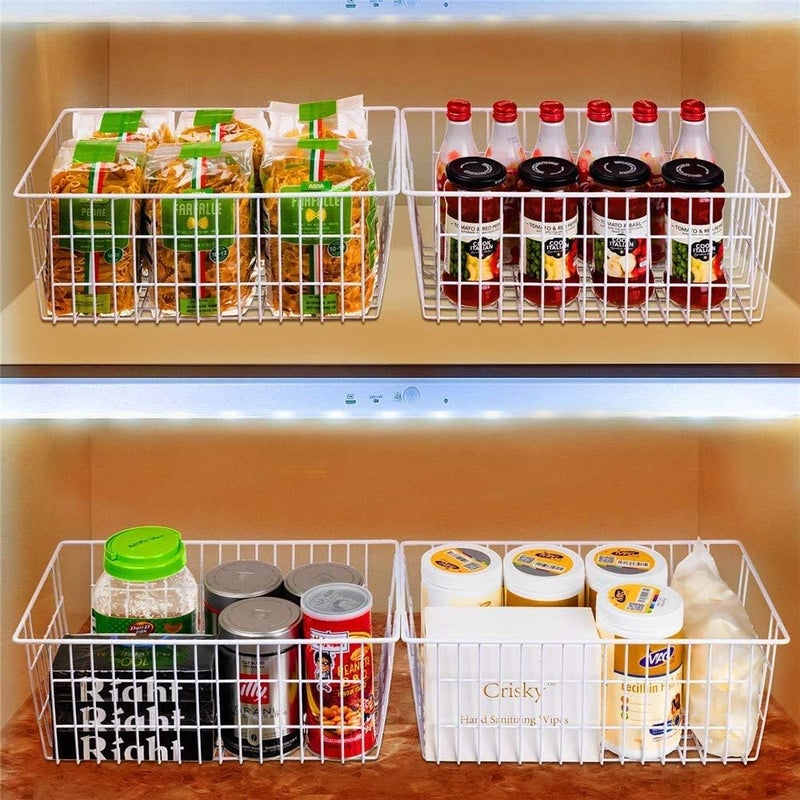 Slideep Freezer Baskets Farmhouse Organizer Storage Basket with Handles, Food Storage Bin for Kitchen Cabinets, Pantry, Closet, Bedroom, Bathroom, Office, 2 Pack, White - Image 2